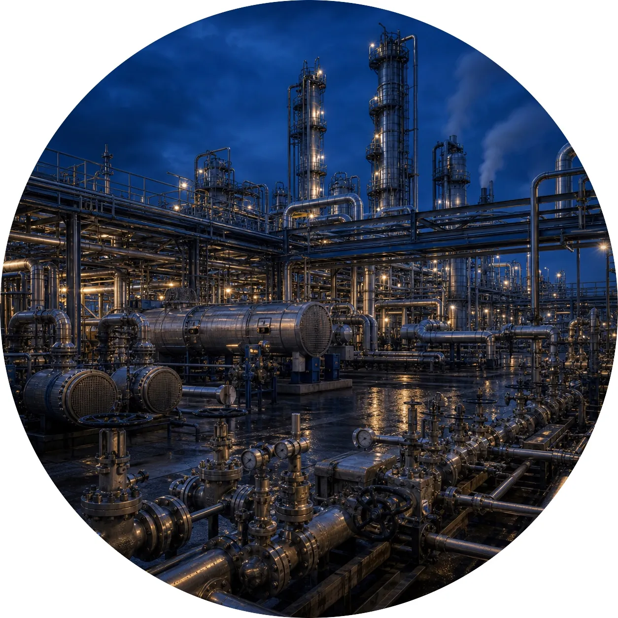 Tubulação, válvulas e torres de destilação de uma planta petroquímica iluminadas ao anoitecer.